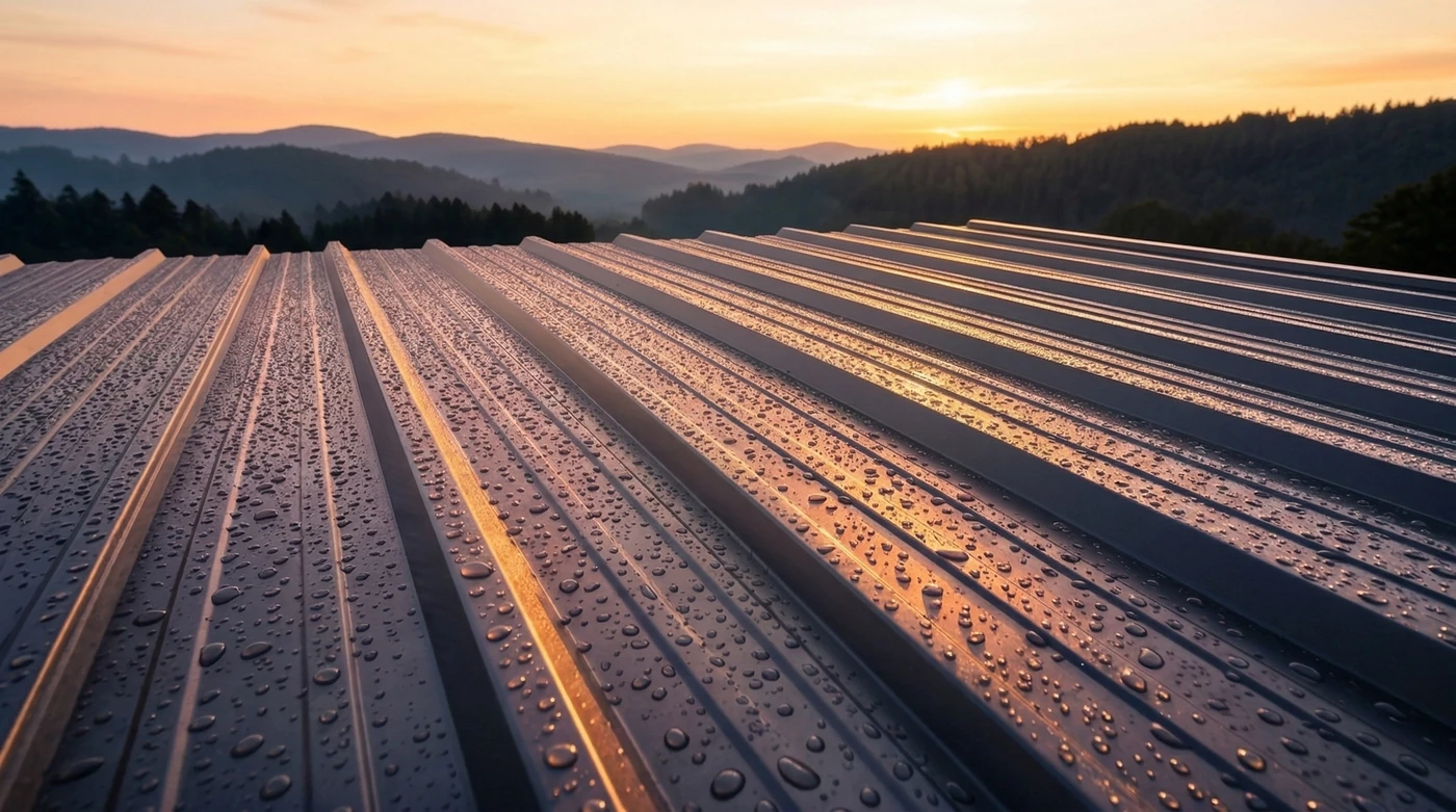 Trapezblech Nahaufnahme mit Regentropfen bei Sonnenuntergang